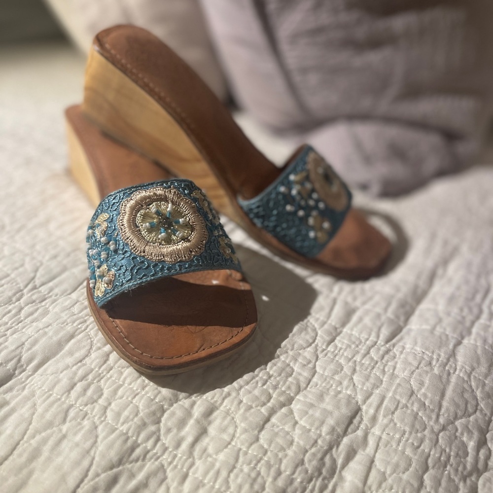 Turquoise beaded wooden wedge sandal